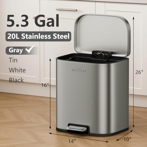 mVm Kitchen Trash Can, 5.3 Gal Trash Can with Lid, Smooth Edge Step Garbage Bin for Home Kitchen Office (Gray) - color: Gray, size: 5.3Gal