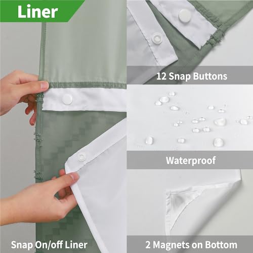 eachope No Hook Tufted Chevron Striped Shower Curtain with Snap-in Fabric Liner set-71Wx74H(72H),Sage Green Hotel Grade Boho Style Shower Curtain with See Through Top Window,Water Repellent - color: Sage Green, size: 71"W x 74"L (Pack of 1)