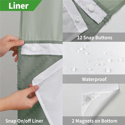 eachope No Hook Tufted Chevron Striped Shower Curtain with Snap-in Fabric Liner set-71Wx74H(72H),Sage Green Hotel Grade Boho Style Shower Curtain with See Through Top Window,Water Repellent - color: Sage Green, size: 71"W x 74"L (Pack of 1)