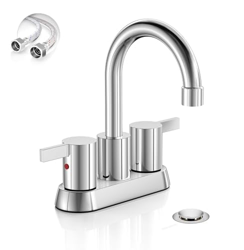 Phiestina 4 Inch Centerset 2 or 3 Holes 2 Handle Chrome Lead-Free Bathroom Faucet, Swivel Spout with Copper Pop Up Drain and 2 Water Supply Lines, BF015-1-C - color: Chrome