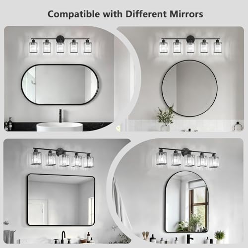5 Light Bathroom Light Fixtures, Modern Crystal Vanity Lights over Mirror | Metal Frame, Bathroom Light with Square Crystal Shade, ETL Certified, E26 Ceramic Socket, Bulbs Not Included - color: Black, size: 5-Light