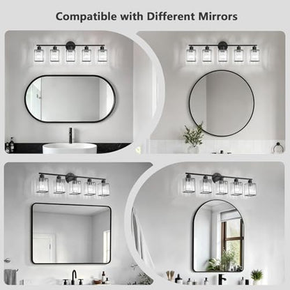 5 Light Bathroom Light Fixtures, Modern Crystal Vanity Lights over Mirror | Metal Frame, Bathroom Light with Square Crystal Shade, ETL Certified, E26 Ceramic Socket, Bulbs Not Included - color: Black, size: 5-Light