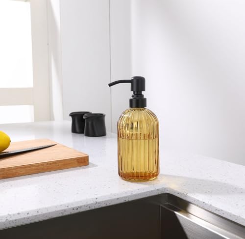 16 OZ Amber Glass Soap Dispenser, Amber Stripe Bathroom Hand Soap Dispensers with Stainless Steel Matte Black Pump,Brown Glass Kitchen Hand Soap Dispenser with Matte Black Pump - color: Matte Black +Amber, size: 1-Pack