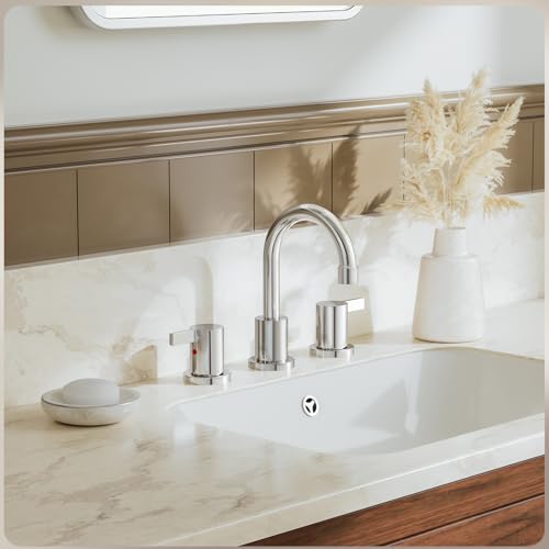 Phiestina 8 Inch 3 Hole Widespread Chrome Bathroom Faucet 2 Handle Bathroom Vanity Faucet with Metal Pop Up Drain & Water Supply line,BF03042-K01-C - color: Chrome - 8 IN