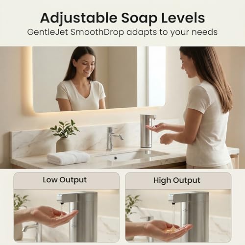 GentleJet SmoothDrop Automatic Liquid Soap Dispenser Touchless, No-Drip Precision Pump, USB-C Rechargeable, 304 Stainless Steel, Waterproof Countertop Dispenser for Kitchen & Bathroom Sink, 270 ml - color: Silver