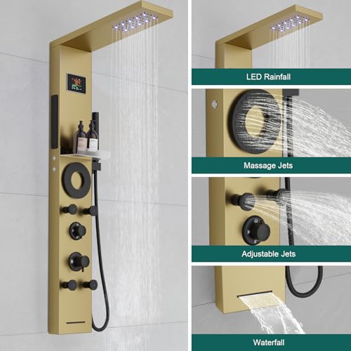 Hoimpro Brushed Gold LED Shower Panel Tower System,2 In 1Function Shower Panel Light Rainfall Waterfall Shower Rain Massage System with Body Jets Handheld Shower Sprayer, Stainless Steel, Wall Mount - color: Gold