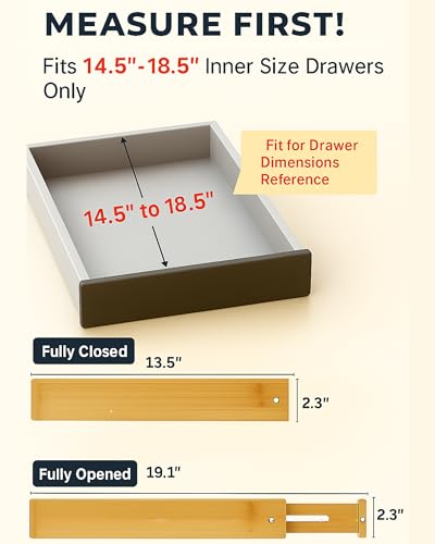 4 Pcs Bamboo Kitchen Drawer Dividers Large 14"-19", Spring Loaded, Works in Kitchen, Adjustable Drawer Organizers, Dresser, Bathroom, Bedroom, Drawer Desk, Office