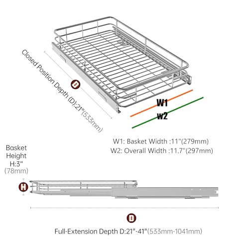 Pull Out Shelves For Kitchen Cabinets 11" W x 21" D, Chrome | Heavy-Gauge Wire Kitchen Cabinet Organizer, 100 lbs Capacity, Ball-Bearing Glides, Min 12" Opening, Under Sink Organizer - size: 11.7" W x 21" D