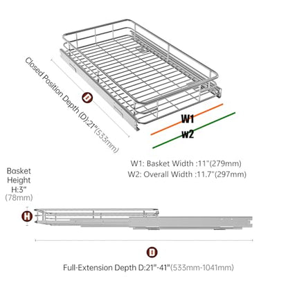 Pull Out Shelves For Kitchen Cabinets 11" W x 21" D, Chrome | Heavy-Gauge Wire Kitchen Cabinet Organizer, 100 lbs Capacity, Ball-Bearing Glides, Min 12" Opening, Under Sink Organizer - size: 11.7" W x 21" D