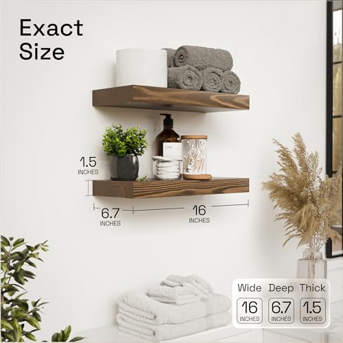 Solid Wood Floating Shelves for Wall 16 Inch Walnut, Wooden Bathroom Shelf | Real Wood, Wall Mounted, Rustic Farmhouse, Bedroom Kitchen Living Room, Walnut Finish, 16W x 6,7D, Set of 2 - color: Walnut, size: 16 Inch