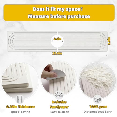 Faucet Mat for Kitchen Sink,Fast-Drying Diatomite Absorbent Splash Guard Tray for Kitchen & Bathroom Sink Counter, Anti-Slip Waterproof Protector(White,23.6"x3.9")