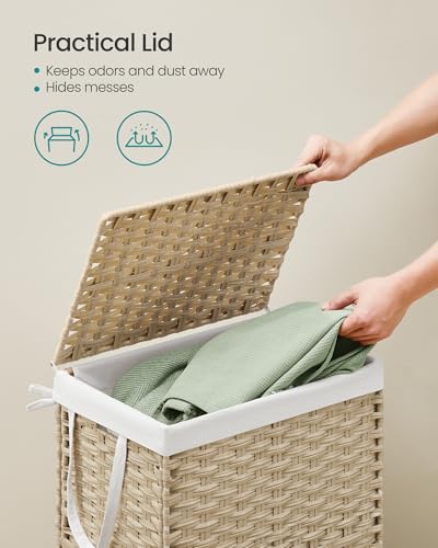 SONGMICS Laundry Hamper with Lid, 23.8 Gallon (90L) Synthetic Rattan Clothes Laundry Basket with Lid and Handles, Foldable, Removable Liner, Summer Sand ULCB051LZ01 - color: Summer Sand, size: 90 L