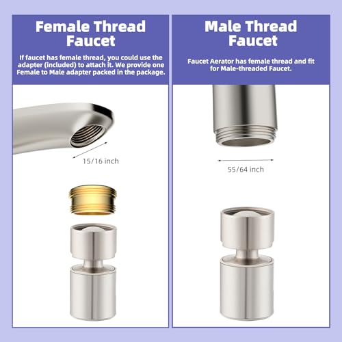 Hibbent NSF/ANSI/CAN 61 Certified Faucet Aerator, CUPC Certification 360 Degree Swivel Kitchen Sink Aerator, 2-Flow Sprayer Faucet Replacement Part 55/64 Inch Female Thread - Brushed Nickel - color: Brushed Nickel