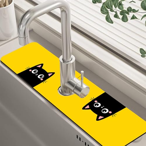 Cute Black Cat Head Kitchen Sink Splash Guard Mat Absorbent Fast Drying Mat Faucet Draining Mat Sink Splash Guard Behind Faucet Drip Catcher for Kitchen Bathroom 5.5"×24" - size: 24" x 24"