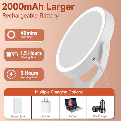 Hasipu Makeup Mirror with Lights 2000mAh Rechargeable Travel Mirror | 1X/10X Magnifying, Phone Stand Design, Rechargeable, 360° Rotatable, 3 Color Dimmable, Tabletop, Handhold, Hanging, White - color: White