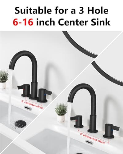 Matte Black Bathroom Faucet 3 Hole, 8 Inch Widespread 2-Handle | SUS304 Stainless Steel, 2-Handle Control, Pop-Up Drain, Supply Lines and Mounting Hardware for 8-Inch Widespread Vanity Sinks - color: Matte Black