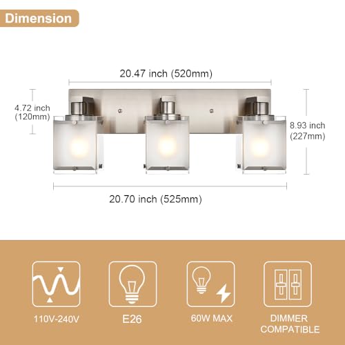 Modern 3-Lights Brushed Nickel Vanity Lights, Bathroom Light Fixture Over Mirror Wall Lighting Sconces with Frosted Glass Shades, E26 Bulb Base - color: Brushed Nickel, Frosted Glass, size: 3-Lights