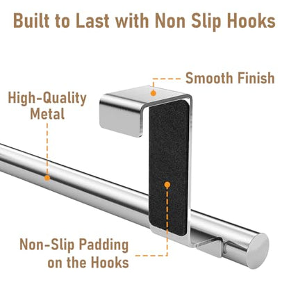 Over Cabinet Towel Bar with Hooks, 14 Inch | Brushed Stainless Steel Over The Door Towels Rack for Home Kitchen Inside Outside Cabinets Doors Hand Dish Towels Washcloths