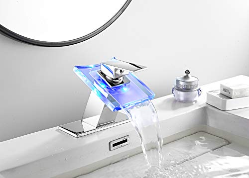 Bathroom Sink Faucet LED Light 3 Colors Changing Waterfall Glass Spout | Chrome, Hot Cold Water Mixer, Single Handle One Hole, Deck Mounted, Lavatory Vanity Basin Bath - color: Chrome, style: with LED Light