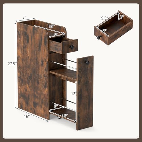 GIANTEX Slim Bathroom Storage Cabinet, Space-Saving Toilet Side Cabinet with Slide-Out Drawers on 3 Wheels, Freestanding Narrow Toilet Paper Holder for Living Room, Laundry Room (Rustic Brown) - color: Rustic Brown