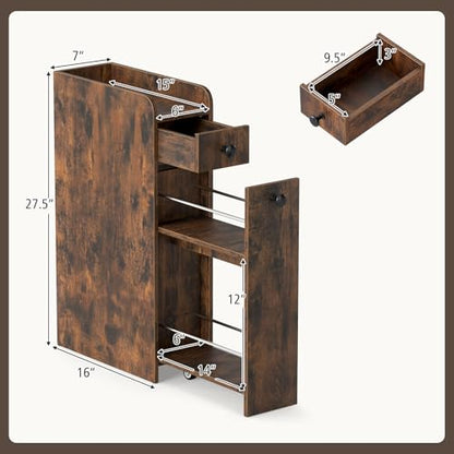 GIANTEX Slim Bathroom Storage Cabinet, Space-Saving Toilet Side Cabinet with Slide-Out Drawers on 3 Wheels, Freestanding Narrow Toilet Paper Holder for Living Room, Laundry Room (Rustic Brown) - color: Rustic Brown
