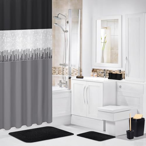 XLHOMO Bathroom Sets with Shower Curtain and Rugs,24PCS Black Bathroom Set Shower Curtain Set with Bathroom Trash Can Bathroom Accessories - size: Bath Set+Shower Curtain+Bath Rugs, style: Black