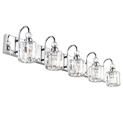 Ralbay Modern LED Crystal Bathroom Vanity Lights 5-Lights Stainless Steel Crystal Vanity Lights Over Mirror Modern Crystal Bathroom Vanity Lighting Fixtures - color: Round-Chrome, size: 5-light