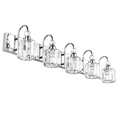 Ralbay Modern LED Crystal Bathroom Vanity Lights 5-Lights Stainless Steel Crystal Vanity Lights Over Mirror Modern Crystal Bathroom Vanity Lighting Fixtures - color: Round-Chrome, size: 5-light