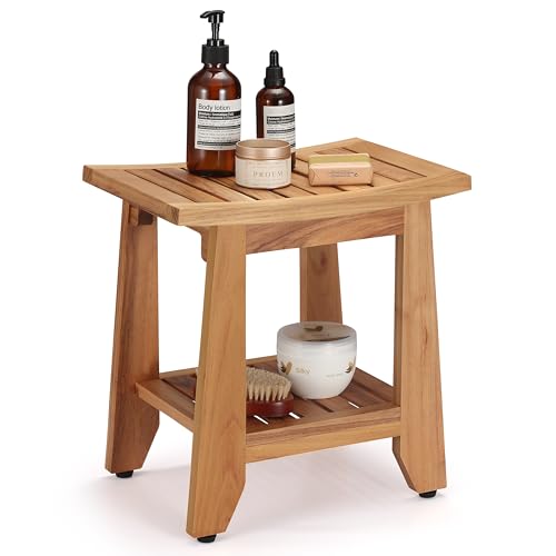 Teak Shower Bench Stool, 14'' Compact Waterproof Wooden Sauna Bath Bench with Storage Shelf, Non-Slip Solid Teak Shower Seat Chair for Small Bathrooms Inside Shower and Outdoor Use - size: 14''W x 10''D x 15''H