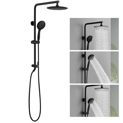 SonTiy 5-Function Retrofit Shower System Matte Black 9 Inch Rain Shower Head with Handheld Spray, Outdoor Stainless Steel Shower Rail Kit for Shower Remodel 2.5Gpm