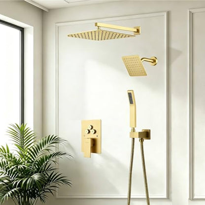 Dual Rainfall Shower Head System Brushed Gold, 3-Function Push Button Shower Faucet Set with 12" Wall Mount Rain shower head and 6" Wall Mount Shower Head, Pressure Balance Rough-in Valve - color: Brushed Gold, style: Wall Mount