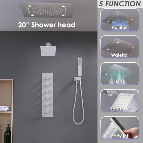 Enga Luxury Dual Shower Head System LED Thermostatic Shower System with 6 inch Wall Shower, 20-Inch 3 Function Shower Head (Rainfall & Mist & Waterfall), Brushed Nickel - color: Brushed Nickel, style: 20" Head (Rain + Mist+Waterfall) - 6" Head