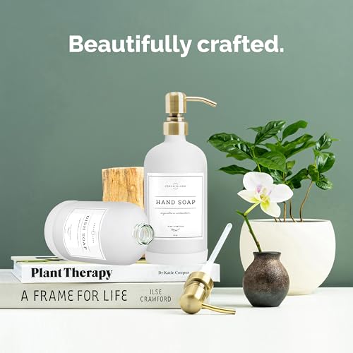 Vine Creations White Glass Soap Dispenser, 2 Pack Kitchen Soap Dispenser Set with Stainless Steel Pump, 16 oz Dish Soap and Hand Soap Dispensers for Bathroom with Waterproof Labels - color: Matte White Bottle / Brushed Brass Pump