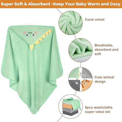 12 PCS Baby Bath Towels Set, Baby Towels for Newborn Bath Essentials | Ultra Soft Cozy, Thick & Absorbent, Cute Animal Hooded, 4 PCS Baby Towels & 8 PCS Washcloths, for Infants, Toddlers Boy Girl