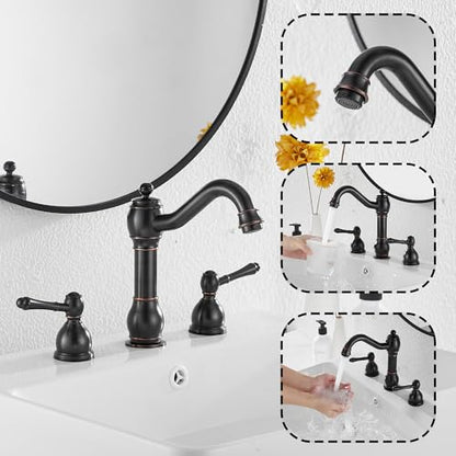 2 Handles 3 Holes Faucet Widespread Bathroom Sink Faucet Basin Tap Mixer Supply Hose Included Matching Pop Up Drain Oil Rubbed Bronze - color: Oil Rubbed Bronze, size: Widespread