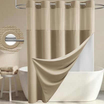 Beige Hook Free Waffle Shower Curtain & Snap-in Fabric Liner,60x75 | Less Time to install, 3 in 1 Fabric Shower Curtain and Liner Set with Magnets, Stall, Shower Curtains for Bathroom - color: B Beige, size: 60"W x 75"L (Pack of 1)