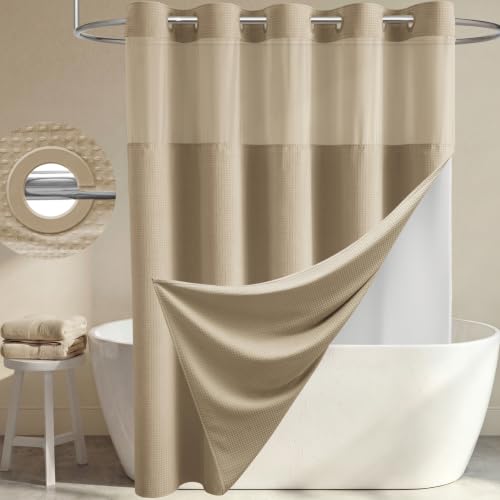 Beige Hook Free Waffle Shower Curtain & Snap-in Fabric Liner,72x81 | Less Time to install, 3 in 1 Fabric Shower Curtain and Liner Set with Magnets, Long, Shower Curtains for Bathroom - color: B Beige, size: 72"W x 81"L (Pack of 1)