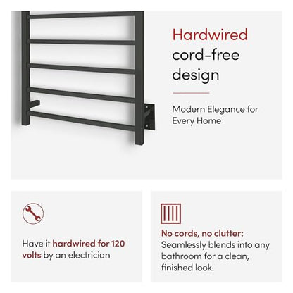 WarmlyYours Tahoe Heated Towel Rack, 7 Bars, Matte Black | Hardwired 120V heated towel rack for spa-like bathroom comfort, 427 BTU/hr, energy-efficient towel drying - color: Matte Black (7 Bars)