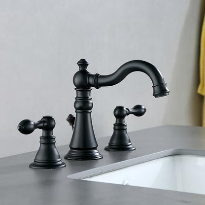 Matte Black 2-Handle 8 Inch Widespread Bathroom Faucet 3 Holes,2 Pack | Derengge Traditional Widespread Sink Faucet, With Pop-Up Drain 360° Swivel Stainless Steel Spout, F-8805-MT - color: Matte BlackX2