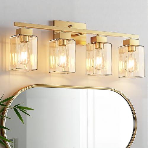4-Light Bathroom Light Fixtures, Brushed Gold Modern Vanity Lights, Bathroom Lighting Fixtures Over Mirror, Square Design Farmhouse Wall Sconces with Clear Glass Shades - color: Brushed Gold, size: 4-Light