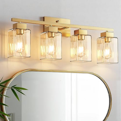 4-Light Bathroom Light Fixtures, Brushed Gold Modern Vanity Lights, Bathroom Lighting Fixtures Over Mirror, Square Design Farmhouse Wall Sconces with Clear Glass Shades - color: Brushed Gold, size: 4-Light