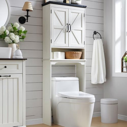 67" Farmhouse Over The Toilet Storage Bathroom Cabinet, Off White | Double Barn Doors, Adjustable Shelf, Open Cubby, Weathered Finish - color: Off White