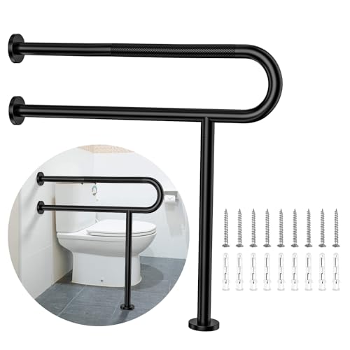 Toilet Support Rail 32 Inch, Munzong Black Handicap Grab Bar Seniors | Anti-Slip Stainless Steel Knurled Safety handrails with Leg for Elderly Bathroom Disabled Pregnant-1.25’Tube - color: Black, size: 32 Inch