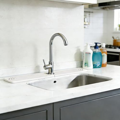 Diatomite Faucet Mat, Water Absorbent Sink Splash Guard, Quick Dry Countertop Drip Tray, Non Slip Grooved Surface, Sleek Smooth Edge, For Kitchen Bathroom Apartment RV, White Modern 60x10cm 0.9cm Thic