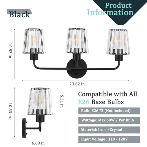 Black Vanity Lights, 3-Light Crystal Bathroom Light Fixtures | Modern Bathroom Vanity Light E26 Wall Light over Mirror (Exclude Bulb) - color: Black, size: 3-Light