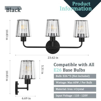 Black Vanity Lights, 3-Light Crystal Bathroom Light Fixtures | Modern Bathroom Vanity Light E26 Wall Light over Mirror (Exclude Bulb) - color: Black, size: 3-Light