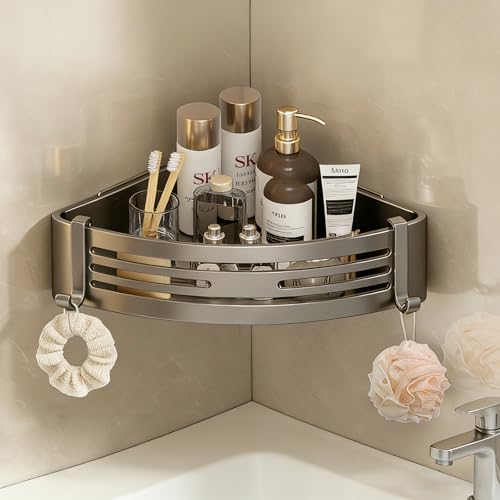 Corner Shower Caddy, No-Drilling Adhesive Shower Shelves with Hooks, Waterproof & Rustproof Removable Shower Organizer for Bathroom Kitchen - color: Grey-Corners-1pack