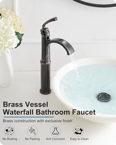Waterfall Vessel Sink Faucet Oil Rubbed Bronze, Brass Tall Bathroom Faucet with Pop-up Drain, cUPC Supply Hoses, Single Handle for Vanity, Farmhouse, 1 Hole Vessel Sink, 5 Mins Quick Install - color: Oil Rubbed Bronze