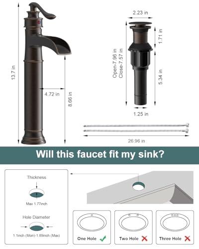 BWE Waterfall Spout Oil Rubbed Bronze Bathroom Faucet Vessel Sink Faucet | Single Handle One Hole Tall Sink Faucet Bathroom ORB Lavatory Faucets Deck Mount Commercial with Pop Up Drain 2 Supply Lines - color: Bronze