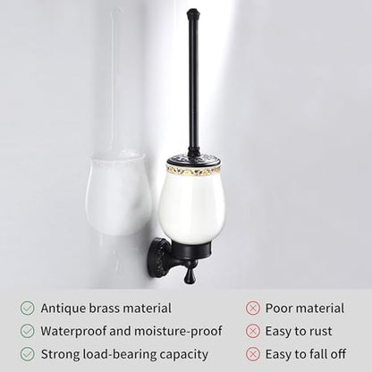 Oil Rubble Bronze Brass Bath Toilet Brush Holder Set, Wall Mounted Black Bathroom Hardware Accessories, Pattern Carving Design - color: Toilet Brush Holder Set